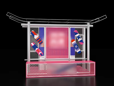 Bright Check in Photo Spot With Pink Platform Colorful Patterns Metal Frame And Grid Design 3d model