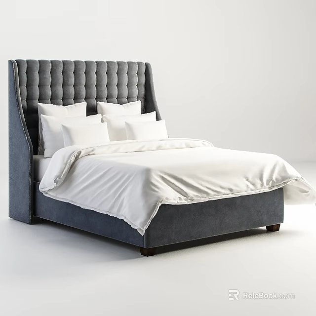 Modern Gray Upholstered Double Bed With Tufted Headboard And White Bedding 3d model