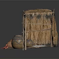 Rustic Thatched Shelter With Woven Clay Pots And White Floor Mat