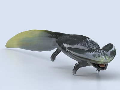 Realistic Reptile Model With Black Yellow Body Open Mouth Sharp Teeth Long Tail 3d model