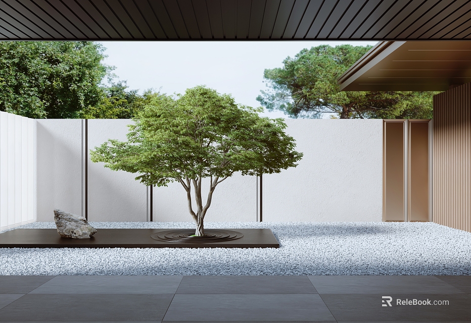 Modern Garden Landscape Design with Central Tree White Wall Black Stone Platform and Gravel Ground 3d model 