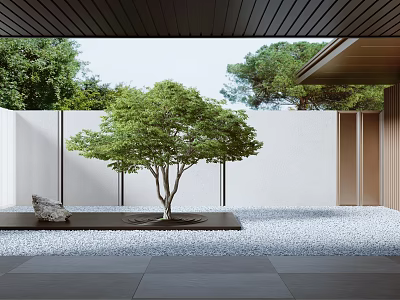 Modern Garden Landscape Design with Central Tree White Wall Black Stone Platform and Gravel Ground 3d model