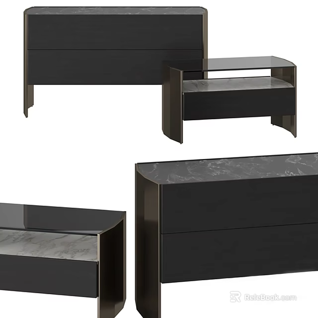 Modern Black Nightstand With Marble Surface And Sleek Drawer Storage Design 3d model 