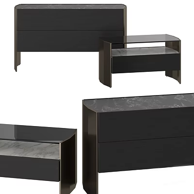 Modern Black Nightstand With Marble Surface And Sleek Drawer Storage Design 3d model