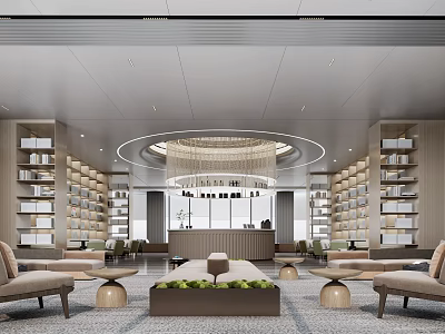 Modern Lounge Area With Built in Bookshelves Round Chandelier Green Plants And Comfortable Sofas 3d model