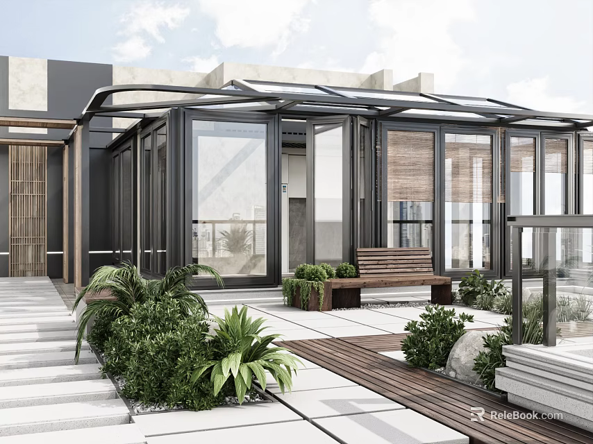 Modern Garden Design With Glass Structure Green Plants Stone Path And Wooden Bench 3d model 