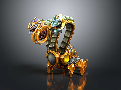 Mythical Multi Headed Mechanical Creature With Golden Green Armor And Detailed Structure 3d model