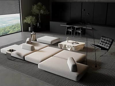 Modern Gray Sofa Coffee Table Set With Marble Top Floor Lamp And Mountain View 3d model