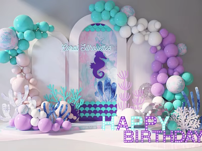 Colorful Balloon Arch With Seahorse Silhouette For Happy Birthday Decorations 3d model