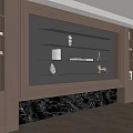 Modern Background Wall with Wooden Trim Marble Base and Shelves Holding Decorative Items