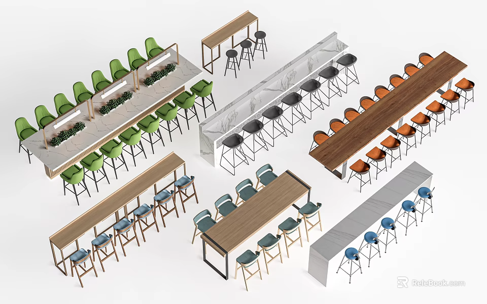 Modern Dining Table Sets With Various Colored Chairs And Bar Counter Designs 3d model