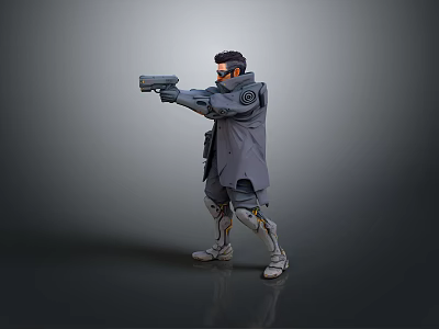 Cyberpunk Character Standing With Extended Arm Holding Futuristic Gun In Tactical Coat 3d model