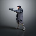 Cyberpunk Character Standing With Extended Arm Holding Futuristic Gun In Tactical Coat