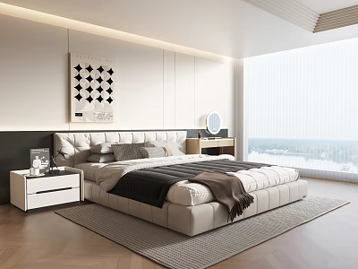 Modern Elegant Bedroom Interior With Upholstered Bed Geometric Wall Art And Large Window 3d model