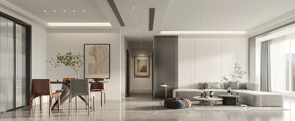 Modern Living Dining Room Interior Design With Sofa Dining Table Artwork And Polished Floor 3d model