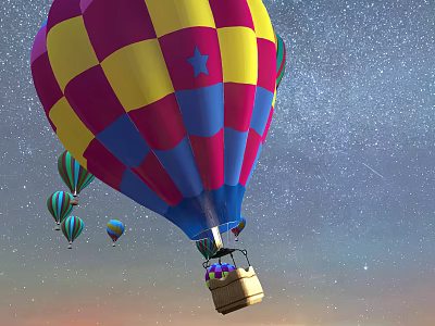 Amusement Rides With Multiple Colorful Hot Air Balloons And Baskets Under Starry Sky 3d model