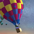 Amusement Rides With Multiple Colorful Hot Air Balloons And Baskets Under Starry Sky