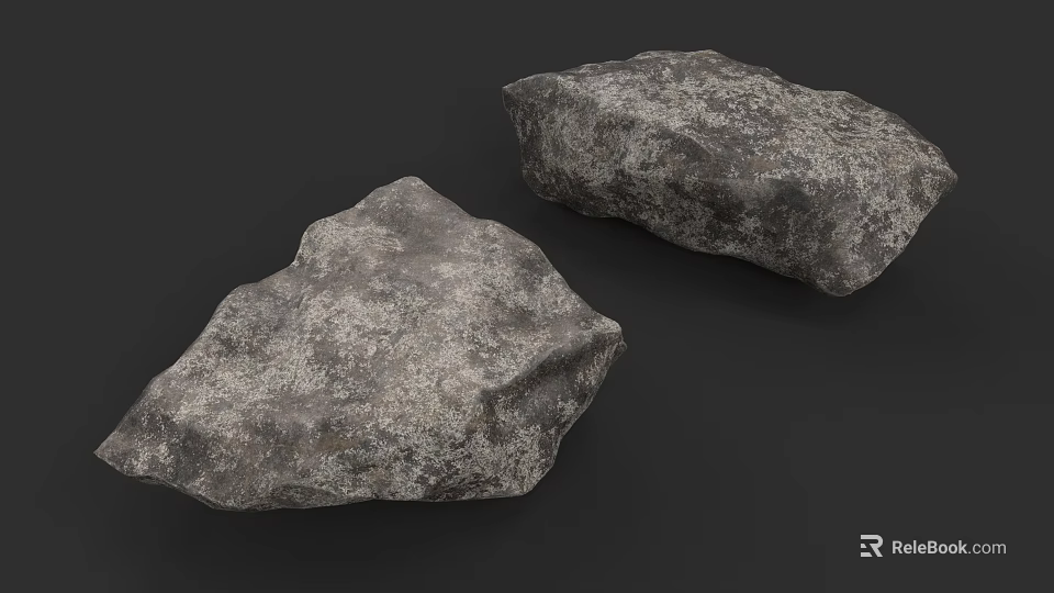 Two Gray Natural Stone Pieces With Textured Surface On Black Background 3d model 