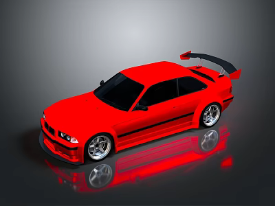 Red Sports Car With Black Rear Spoiler Silver Wheels And Reflection On Gray Background 3d model