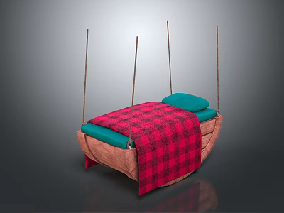 Stylish Hammock With Wooden Frame Red Plaid Blanket And Blue Cushion Design 3d model
