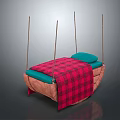 Stylish Hammock With Wooden Frame Red Plaid Blanket And Blue Cushion Design