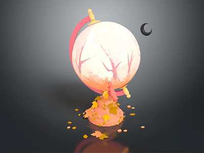 Decorative Ornament Set With Spherical Design Tree Branches Crescent Moon And Scattered Maple Leaves 3d model