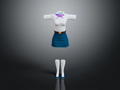 Classic School Uniform Outfit With White Shirt Purple Bow Blue Skirt White Stockings And Shoes 3d model