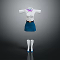 Classic School Uniform Outfit With White Shirt Purple Bow Blue Skirt White Stockings And Shoes