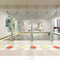 Modern Open Public Office Space With Colorful Circular Floor Mats And Green Decorative Elements