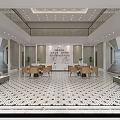 Modern Front Desk Reception Area With Marble Floor Sofa Seating Tables And Green Plants