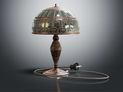 Vintage Table Lamp With Stained Glass Shade And Intricate Metal Base Design 3d model