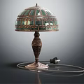 Vintage Table Lamp With Stained Glass Shade And Intricate Metal Base Design