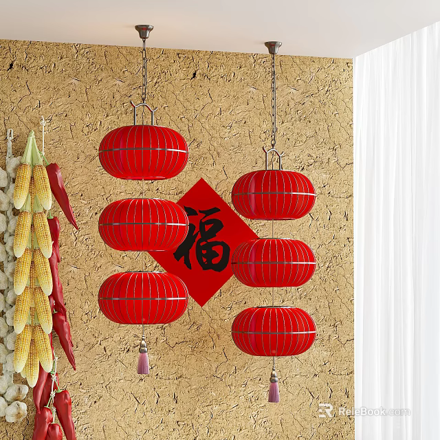 Red Lanterns Decoration With Chinese Character Fu On Golden Wall And Corn Chili Garlands 3d model 