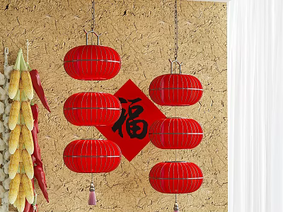 Red Lanterns Decoration With Chinese Character Fu On Golden Wall And Corn Chili Garlands 3d model