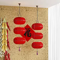 Red Lanterns Decoration With Chinese Character Fu On Golden Wall And Corn Chili Garlands