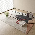 Square Rug with Geometric Pattern on Wooden Floor near Vase White Flowers and Newspapers