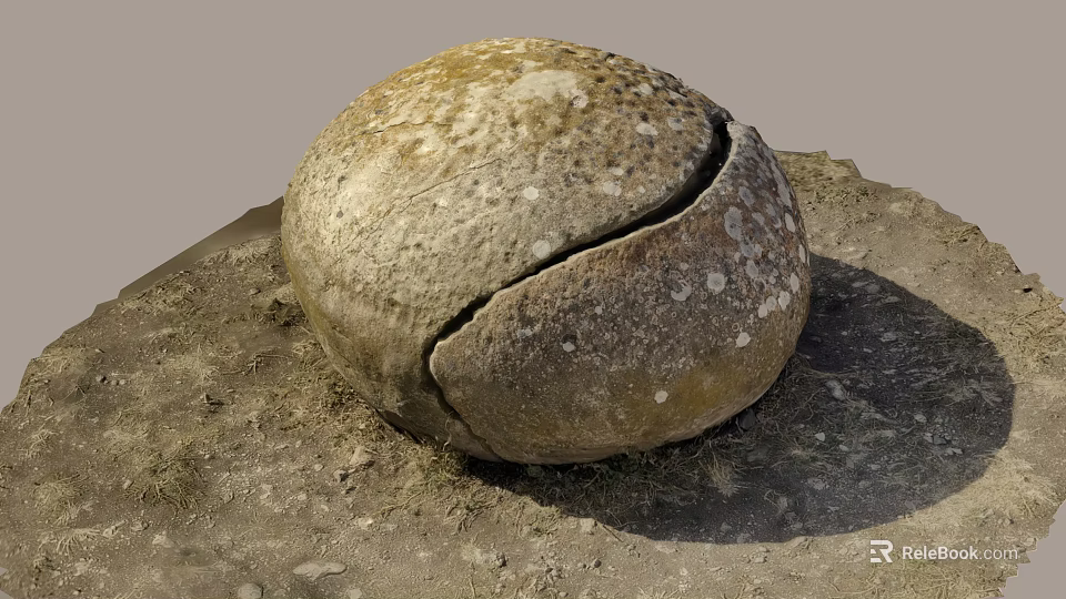 Giant Round Cracked Stone With Speckled Surface And Wood Logs In Grass Dirt 3d model 