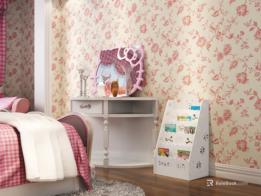 Pink Floral Wallpaper Bedroom Featuring White Decorative Cabinet With Cartoon Patterns 3d model 