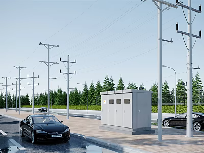Road Infrastructure With Utility Poles Street Lamps Utility Cabinets Cars And Trees Along Road 3d model