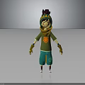 3D Cartoon Character With Green Outfit Orange Leaf Pattern Yellow Gloves Purple Yellow Hat