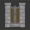 Grand Stone Gate with Gray Stone Pillars Brown Carved Panels and Stone Steps
