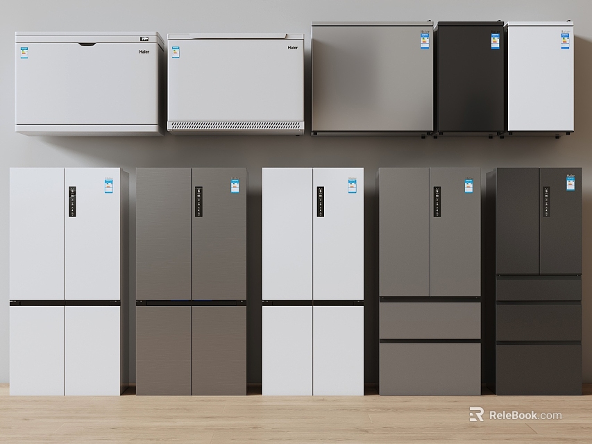 Various Styles of Refrigerators and Freezers in Different Colors on 3d model 