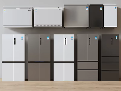 Various Styles of Refrigerators and Freezers in Different Colors on 3d model