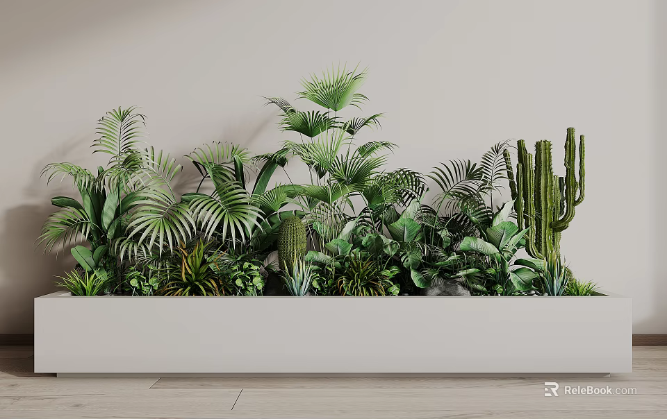 Lush Indoor Green Plant Wall With Various Palm Leaves And Cactus In White Planter 3d model 