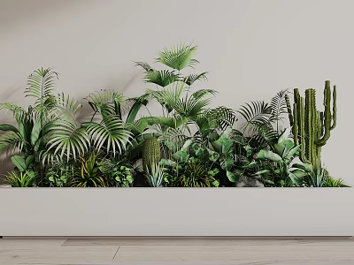 Lush Indoor Green Plant Wall With Various Palm Leaves And Cactus In White Planter 3d model