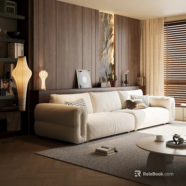Modern Cozy Living Room Interior With White Sofa Wooden Wall And Decorative Elements 3d model 