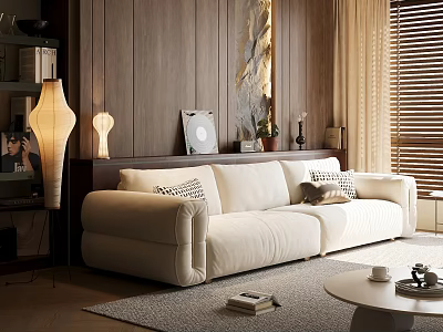 Modern Cozy Living Room Interior With White Sofa Wooden Wall And Decorative Elements 3d model