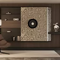 Modern Entryway Hallway Interior With Geometric Pattern Wall Wooden Shelves And Accent Chair
