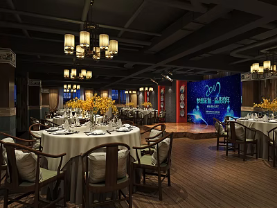 Elegant Restaurant Interior With Round Tables Chandeliers Stage And Fresh Flower Decorations 3d model