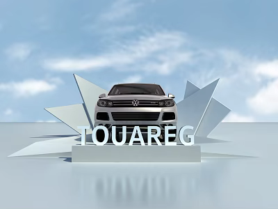 Modern Car Display Shelf With Geometric White Structure Showcasing Black Touareg In Open Exhibition Space 3d model